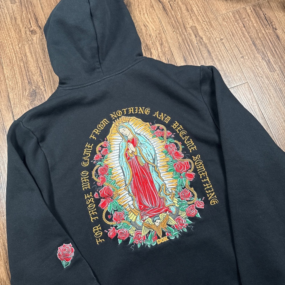 DGK Hoodie Jacket Mens M Black Blessed Rose Embroidered Pullover Skater Grunge